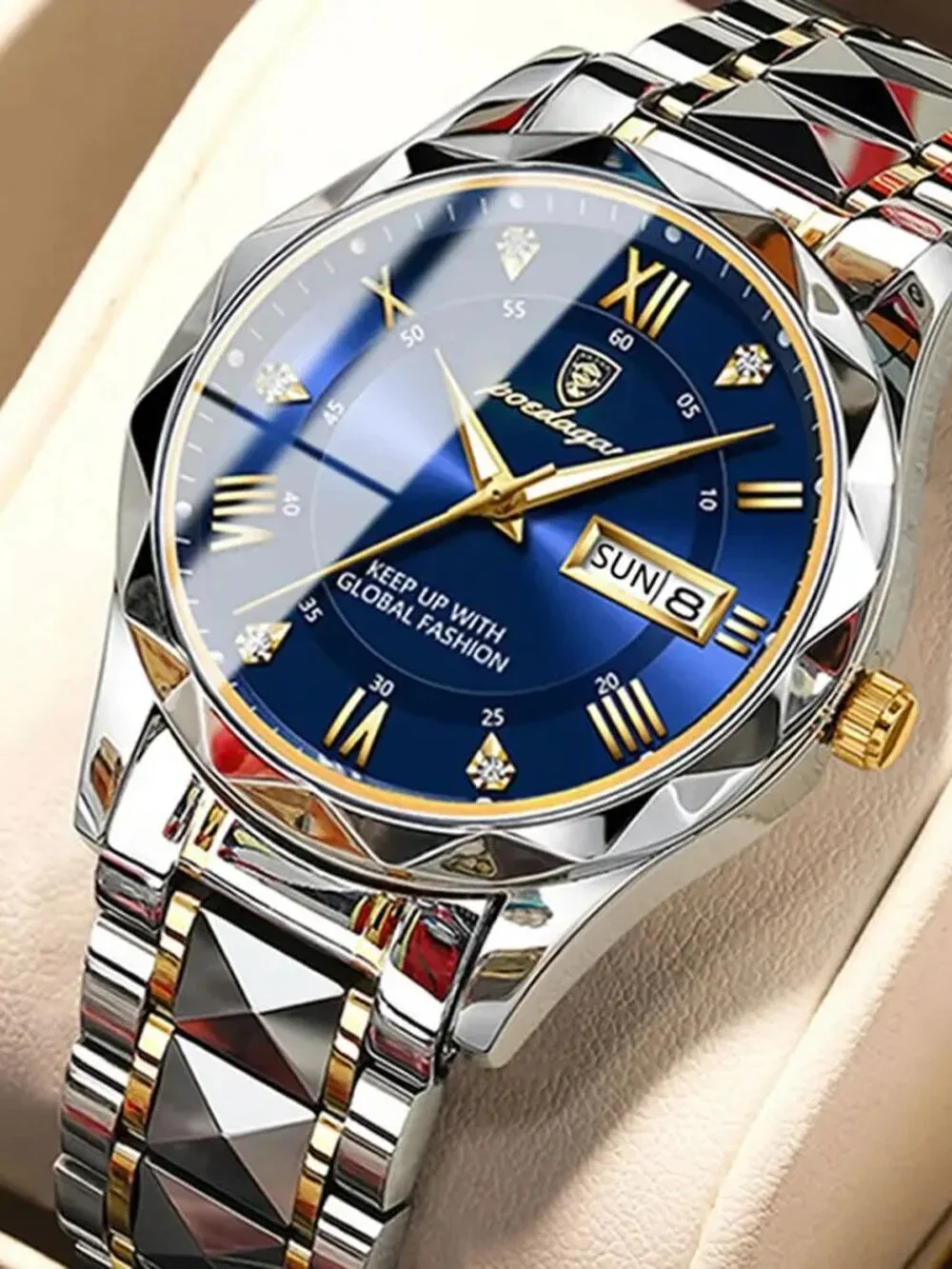 POEDAGAR Luxury Men's Watch - Two-Tone Stainless Steel with Day-Date